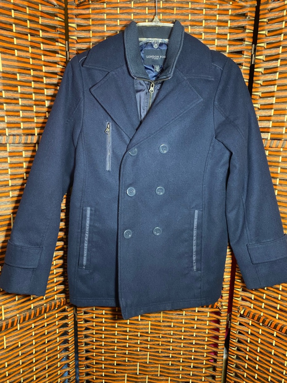 London Fog Navy Blue Peacoat Jacket Size 14/16 Boys Double Breasted Wool Blend